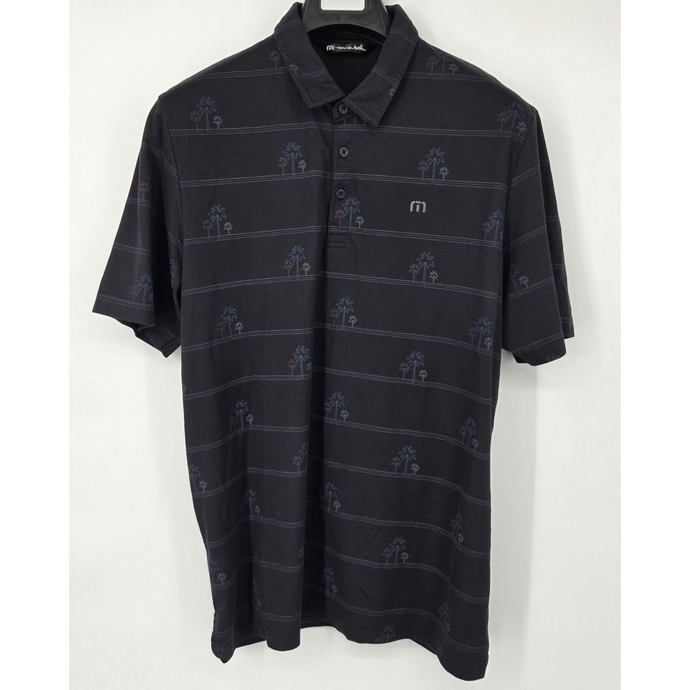 Travis Mathew Polo Shirt Men's XL Black with Palm Tree Print Golf Casual Stretch